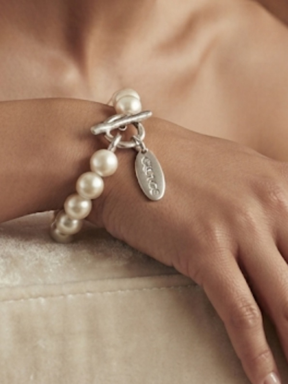 George Cream Pearl Bead Stretch Bracelet with Logo Charm